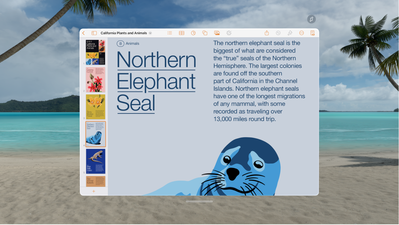 The Pages app on Apple Vision Pro, showing an open document and formatting controls at the top.