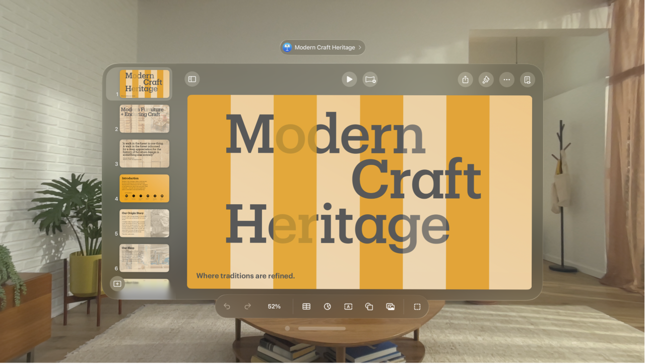 The Keynote app on Apple Vision Pro, showing the presentation in editing view, with the Reading View button in the top-right corner.