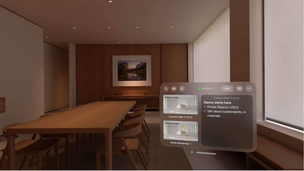 The Keynote app on Apple Vision Pro, showing a presentation open in a rehearsal Environment and the presenter display.