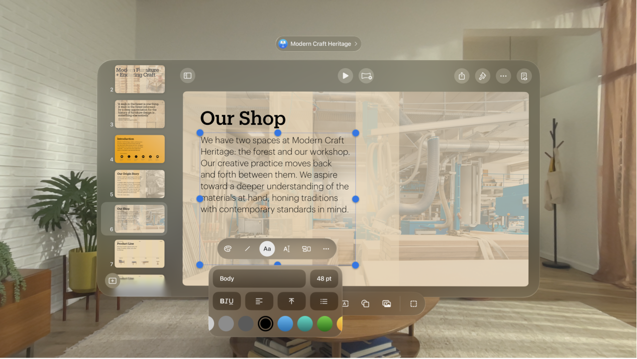 The Keynote app on Apple Vision Pro, showing the format bar for a selected text box, with options to change the font, style, size, color, and more.