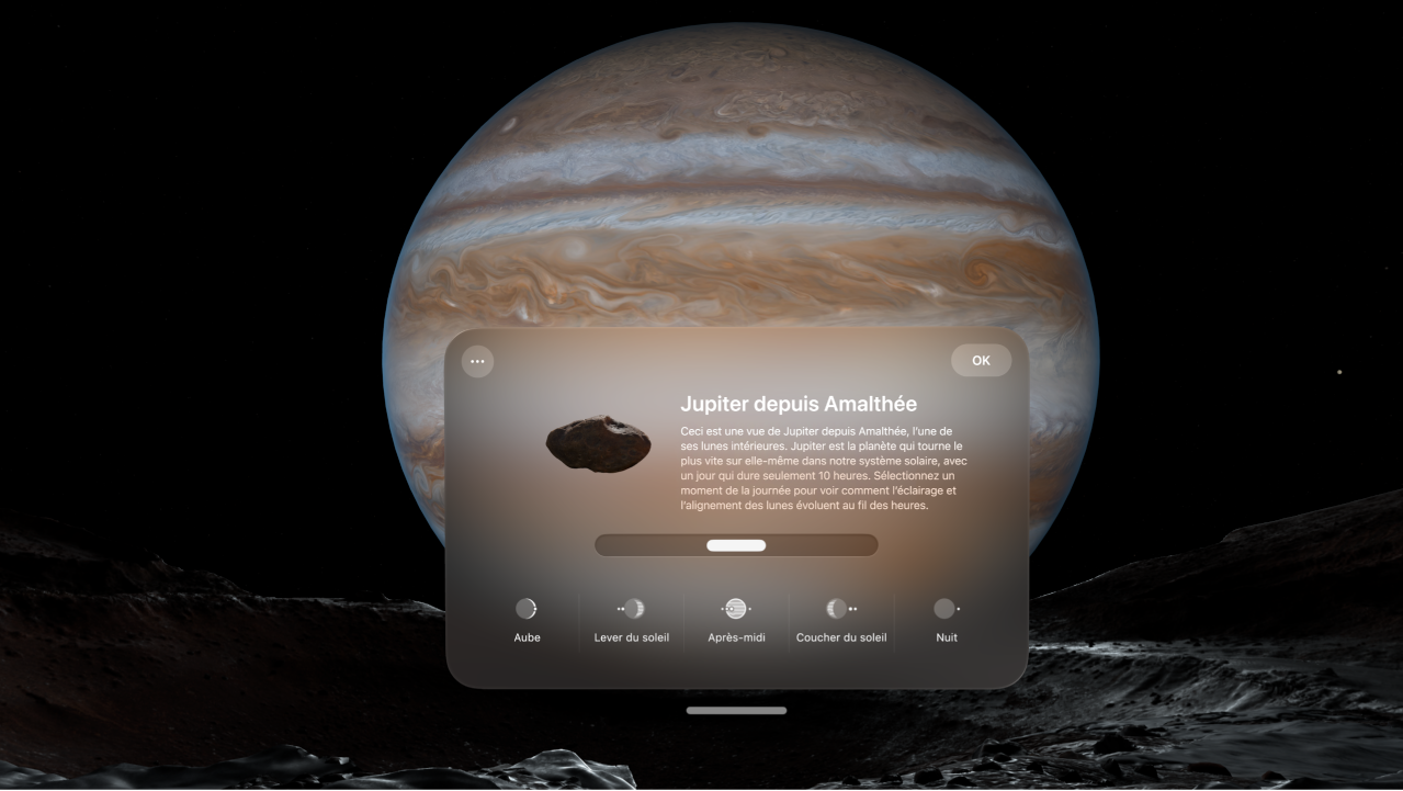 L’environnement Jupiter sur l’Apple Vision Pro, avec des options permettant de changer l’heure.