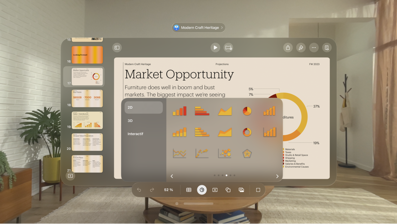 L’app Keynote sur l’Apple Vision Pro, présentant le menu permettant d’ajouter un graphique dans la barre d’outils.