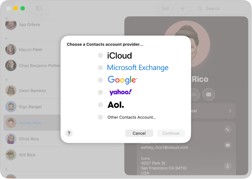 The window for adding internet accounts to the Contacts app.