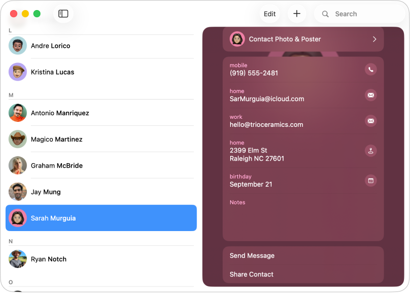 La ventana Contactos mostrando un contacto con una dirección.