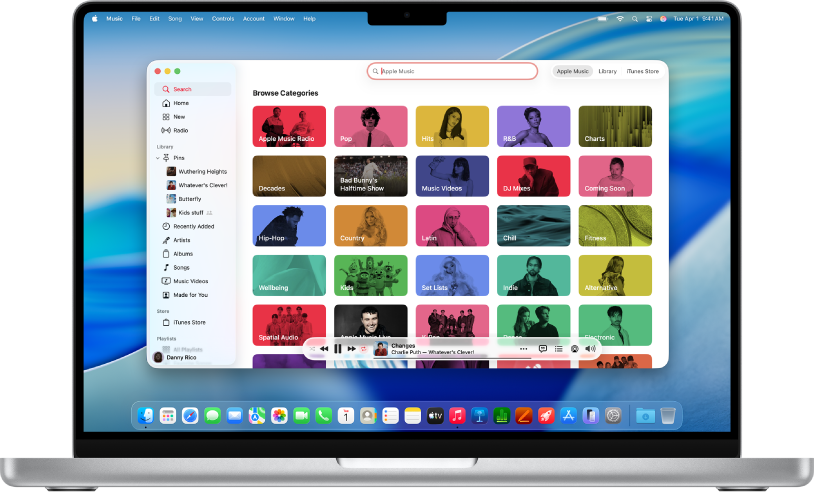 Apple Music-vinduet med søgefeltet og kategorifelterne.