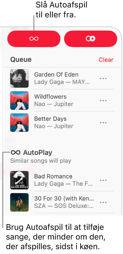 Køen er synlig i øverste højre hjørne af Apple Music. Afsnittet Autoafspil vises også.