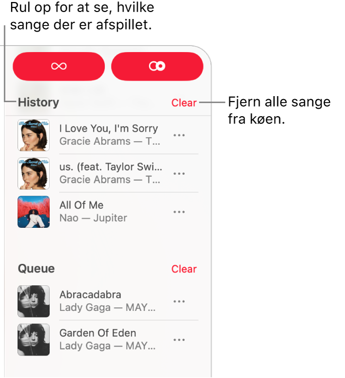 Køen er synlig i øverste højre hjørne af Apple Music. Sektionerne Historik og Kø vises.