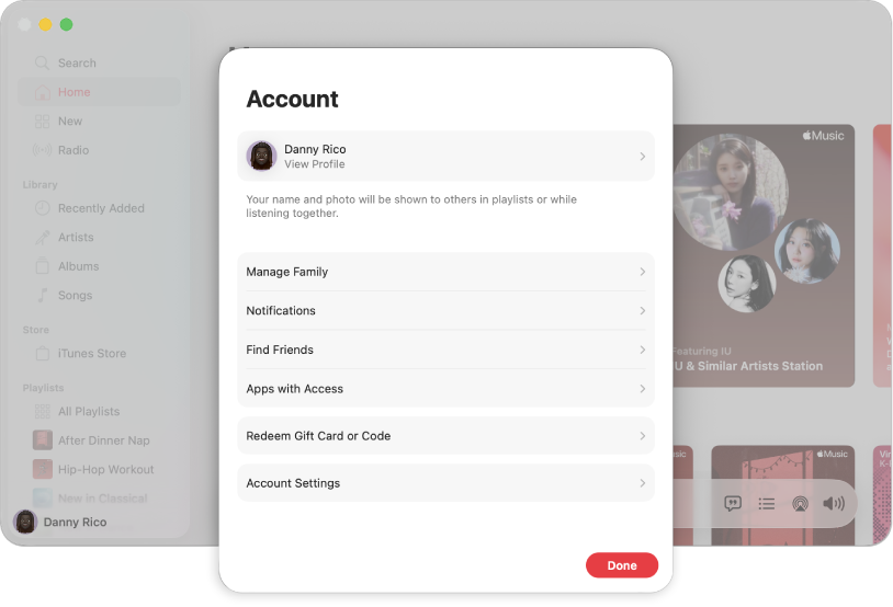 Το πλαίσιο διαλόγου «Λογαριασμός» στο Apple Music, όπου εμφανίζεται η επιλογή «Διαχείριση οικογένειας».
