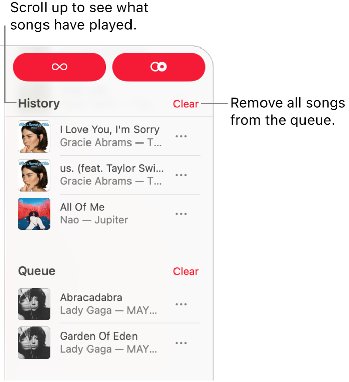 The queue is visible at the top-right corner of Apple Music. The History and Queue sections appear.