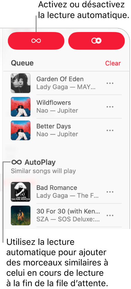 La file d’attente se trouve dans le coin supérieur droit d’Apple Music. La section « Lecture automatique » est également affichée.