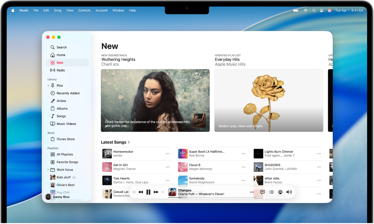 หน้าต่าง Apple Music ที่แสดงเพลงและเสียงประกอบล่าสุด