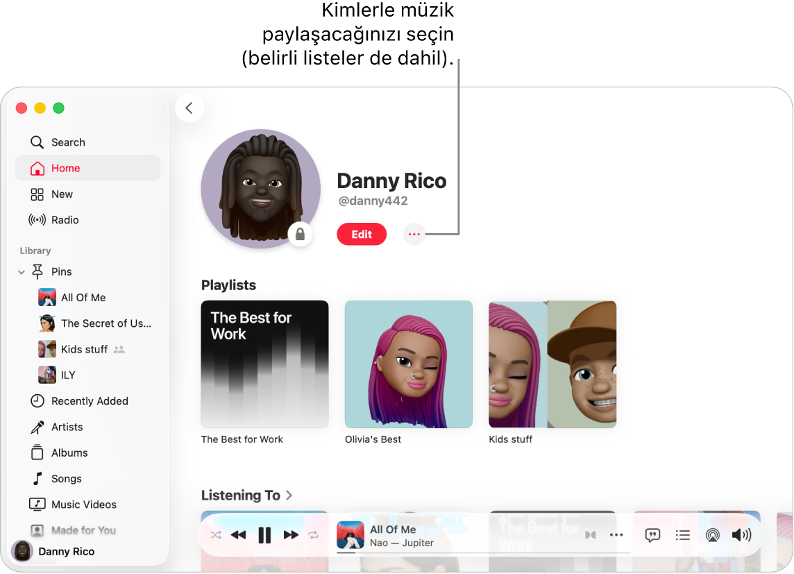 Apple Music’te profil sayfası: pencerenin üst kısmında, müziğinizi paylaşmak için Düzenle düğmesinin sağındaki Daha Fazla düğmesini tıklayın.