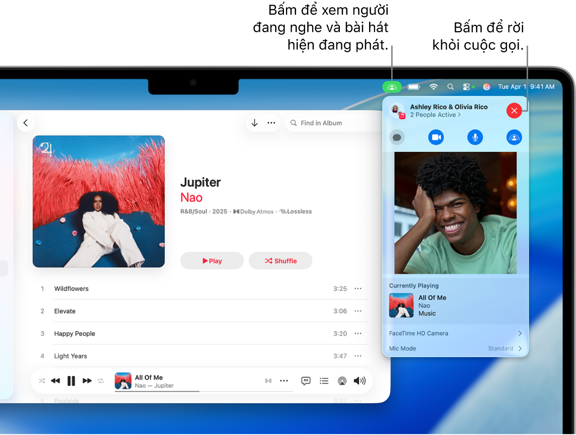 Cửa sổ Apple Music với một bài hát đang phát trong khi đang sử dụng SharePlay. Cửa sổ phát lại hiển thị cho bạn số người đang nghe nhạc cùng nhau. Ở bên phải, biểu tượng SharePlay được bấm vào và bạn có thể xem những ai đang nghe cũng như bài hát hiện đang phát. Ở bên phải, bạn có thể bấm vào nút Đóng.