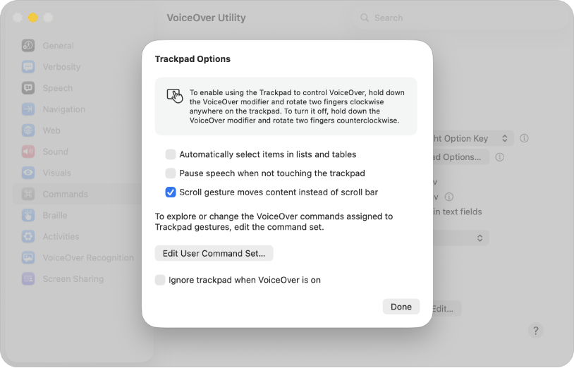 A dialogue in VoiceOver Utility showing settings for using the trackpad to control VoiceOver.