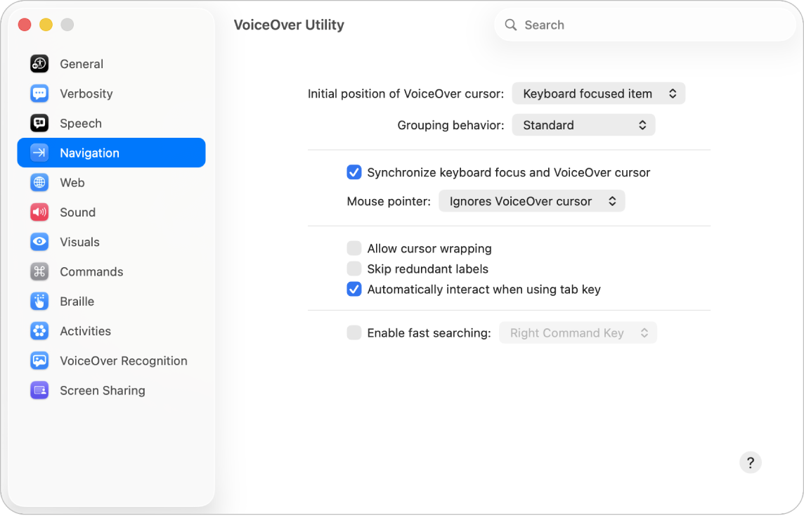 The VoiceOver Utility window showing the Navigation category selected in the sidebar on the left and its options on the right. At the bottom-right corner of the window is a Help button to display VoiceOver online help about the options.