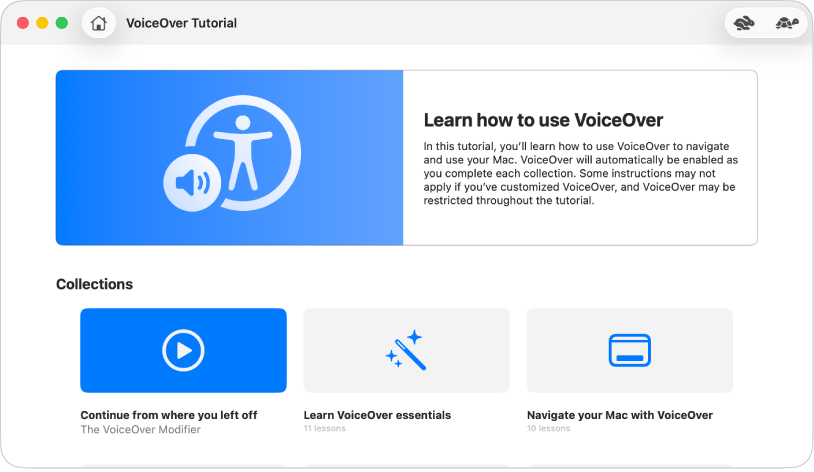 The interactive VoiceOver tutorial with information about learning how to use VoiceOver.