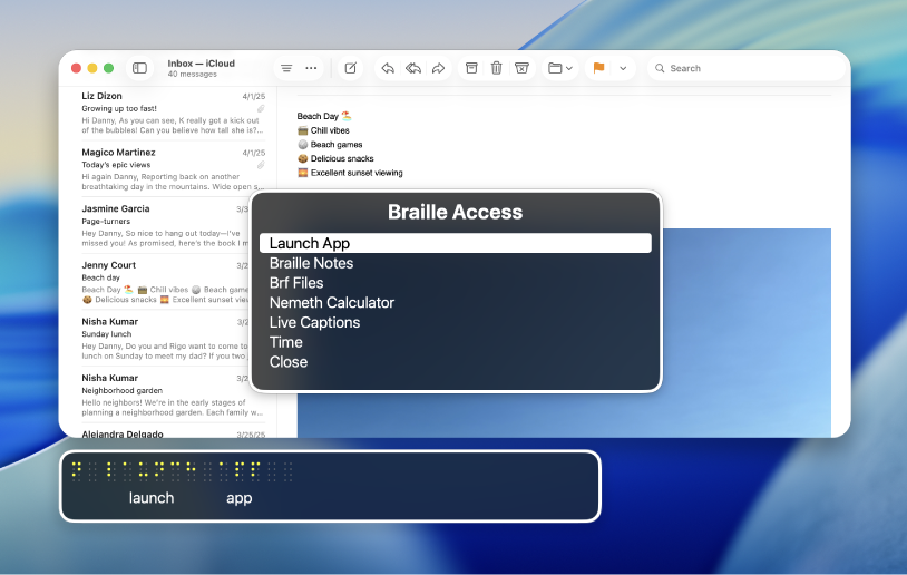 App Email terbuka di desktop. Menu Akses Braille dan panel braille ditampilkan, melayang di atas Luncurkan App.