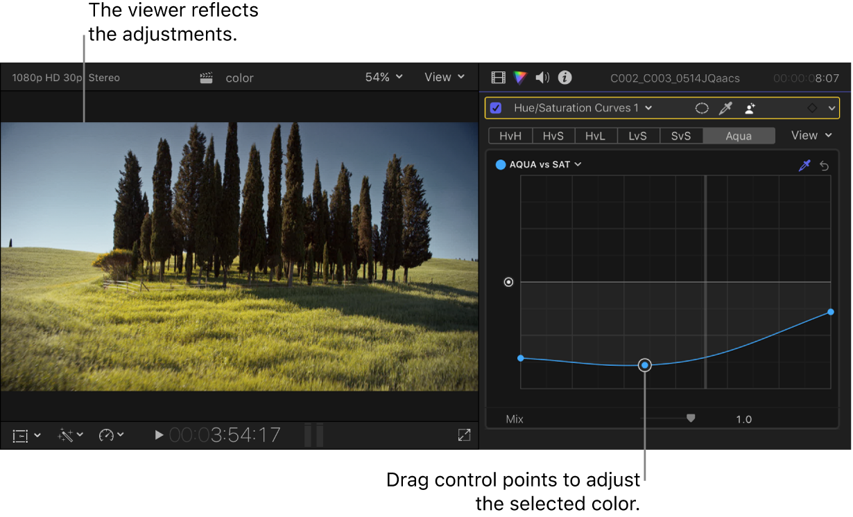 The viewer on the left showing the saturation change, and the Color inspector on the right showing adjusted control points on the Aqua vs Sat curve