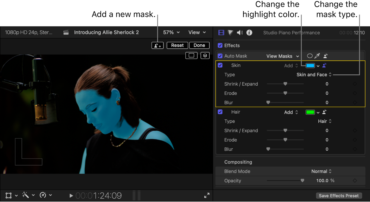 The viewer on the left showing the highlighted mask area, and the Video inspector on the right showing an Auto Mask applied that masks the subject’s skin and face