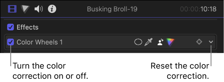 The Color inspector showing a color correction effect with a checkbox on the left and a pop-up menu on the far right