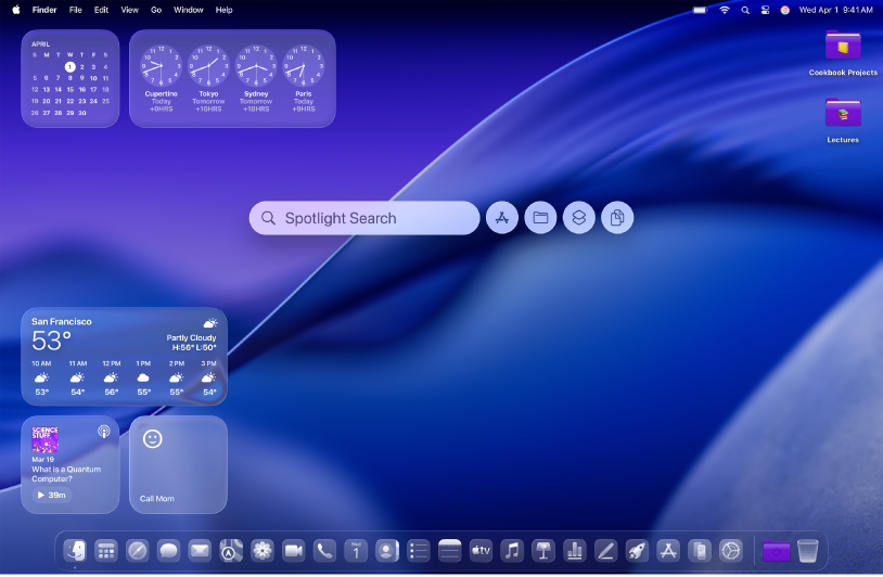Ein Mac-Schreibtisch mit eigenen Symbolen und Widgets.