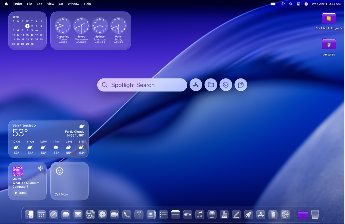 Ein Mac-Schreibtisch mit eigenen Symbolen, Widgets, Ordnern und einer geöffneten Spotlight-Suche.