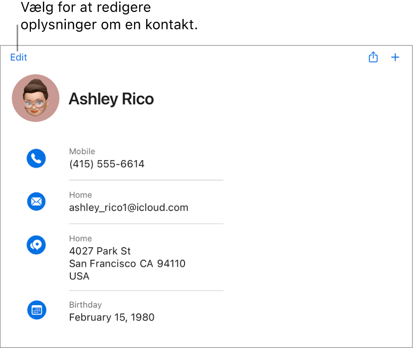 Et kontaktkort på iCloud.com, der viser oplysninger for en person, herunder telefonnummer, e-mailadresse, hjemmeadresse og fødselsdato samt en knap til at redigere disse felter