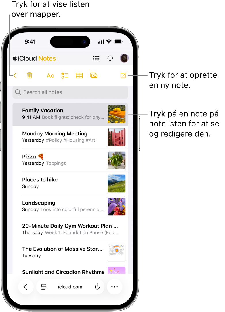 En åben noteliste på iCloud.com på en telefon.
