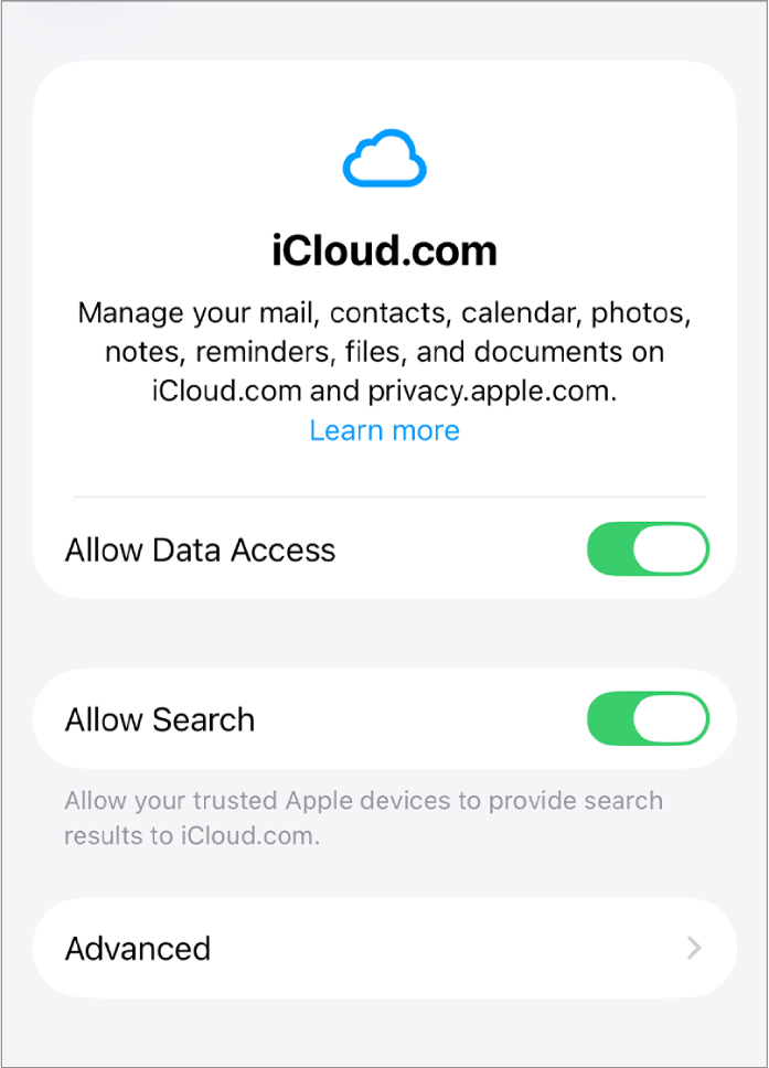 The iCloud.com window in System Settings with the Allow Data Access and Allow Search features turned on.