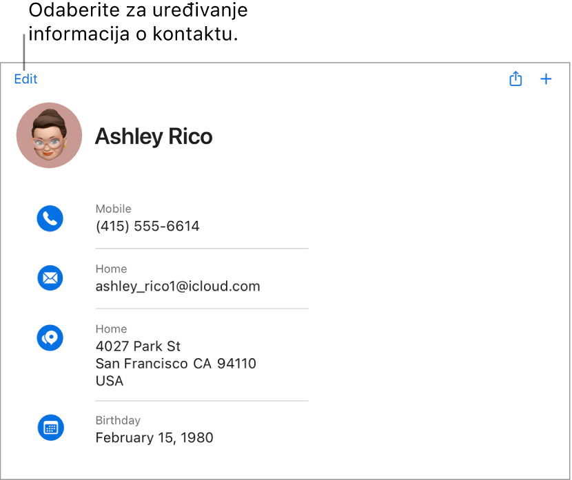 Kartica kontakta na web-mjestu iCloud.com s prikazom podataka o osobi, uključujući telefonski broj, e-mail adresu, kućnu adresu i datum rođenja, kao i gumb za uređivanje tih polja.