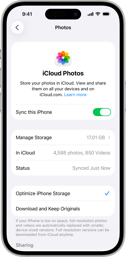 Zaslon iCloud fotografija u postavkama za iCloud. Uključeno je Sinkroniziraj ovaj iPhone uređaj.