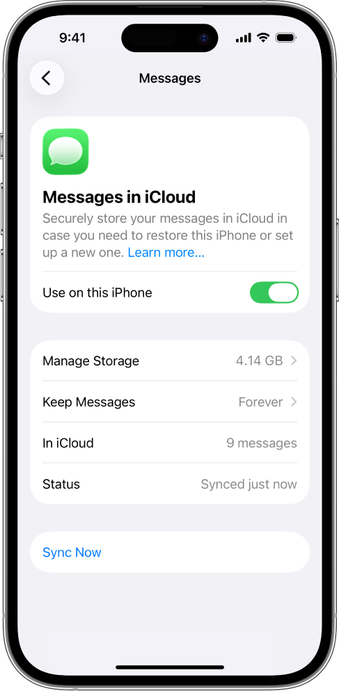 iCloudの設定の「メッセージ」画面。「このiPhoneを同期」がオンになっている。