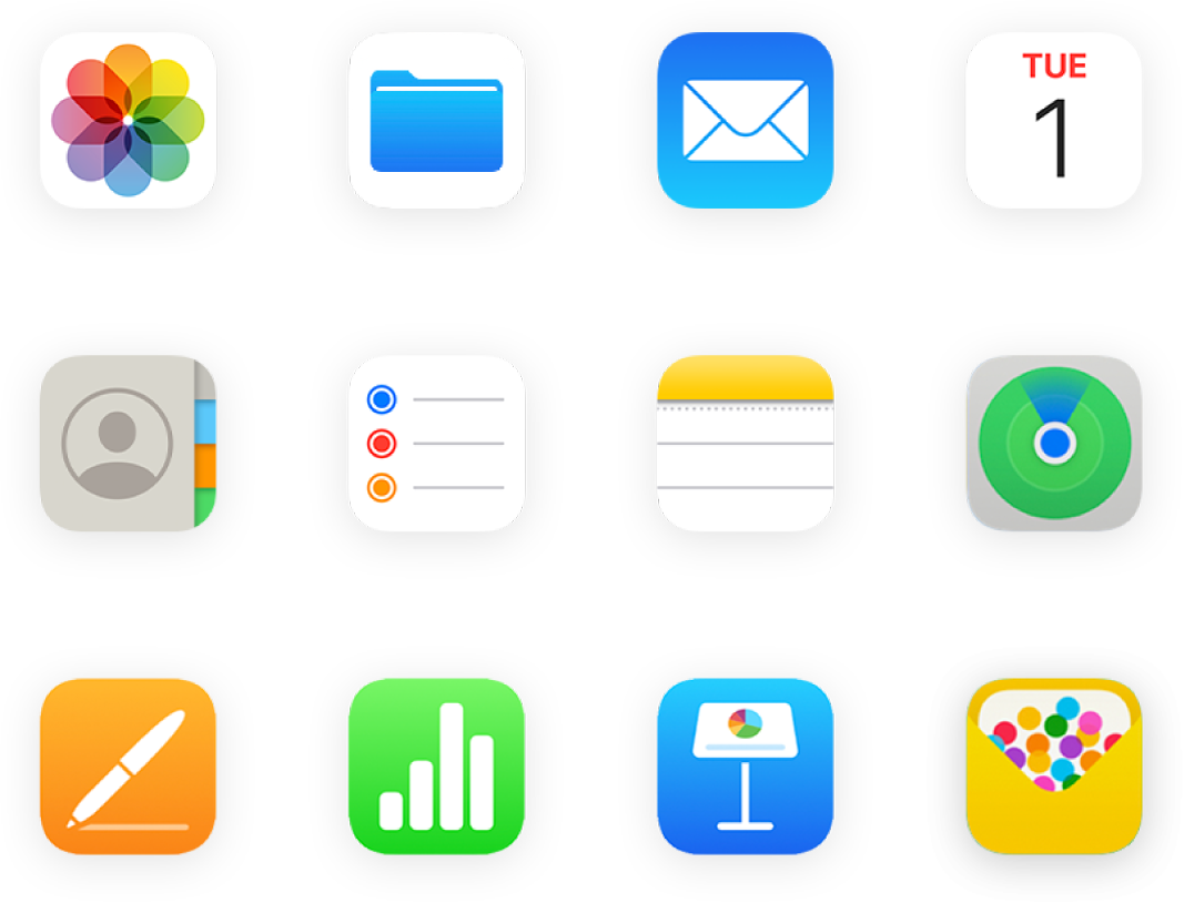 Uma grelha com ícones de apps, incluindo Fotografias, iCloud Drive, Mail e muito mais.