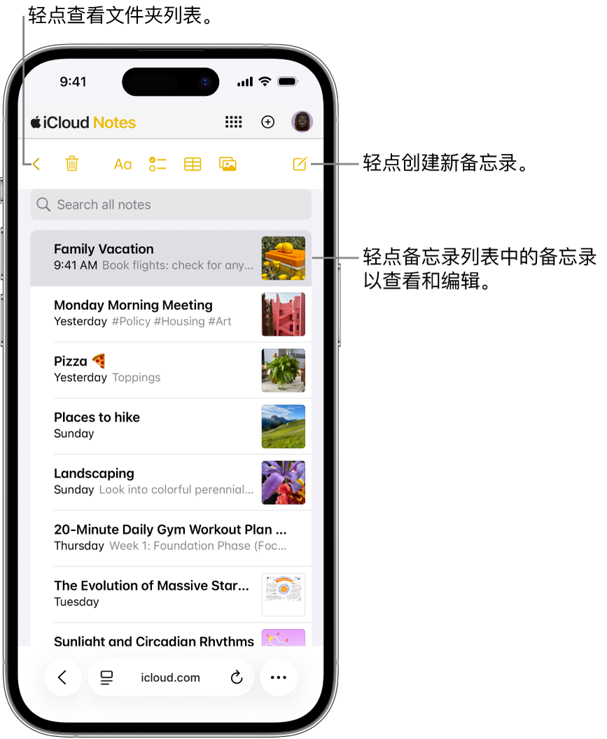 在手机的 iCloud.com 上已打开一个备忘录列表。
