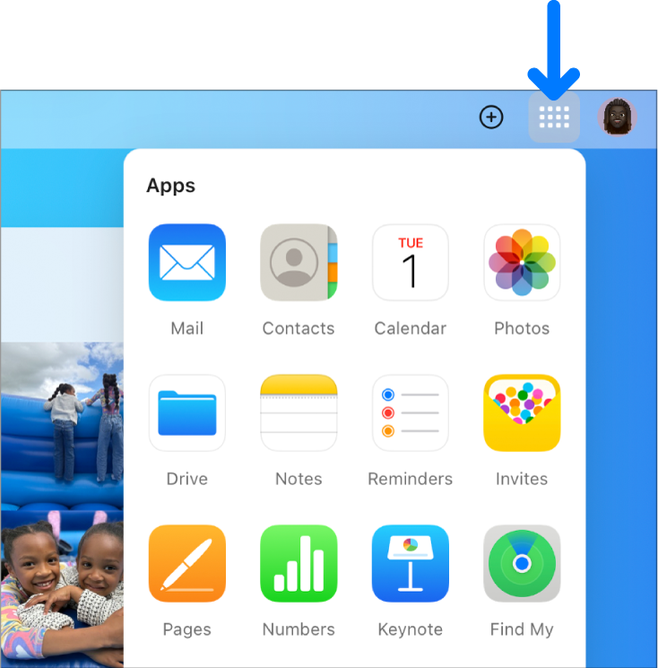 在 iCloud 主页上,App Launcher 将会打开,并且显示下列 App:邮件、通讯录、日历、照片、iCloud 云盘、备忘录、提醒事项、活动邀请、Pages 文稿、Numbers 表格、Keynote 讲演和查找。