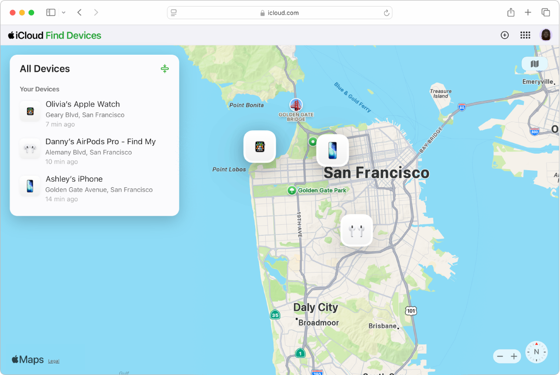 Mac 的 Safari 上開啟了 iCloud.com 的「尋找裝置」功能。舊金山地圖上顯示兩部裝置的位置。