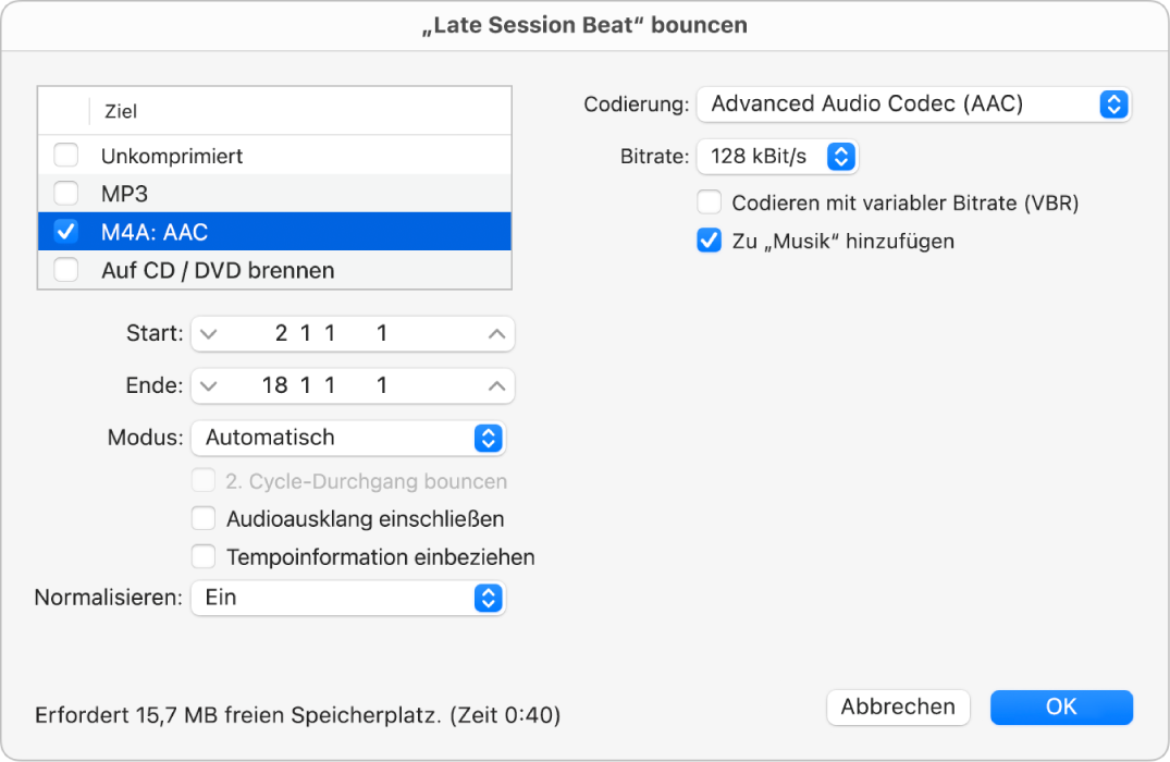 Abbildung. M4A: AAC-Datei-Optionen im Bounce-Dialog.