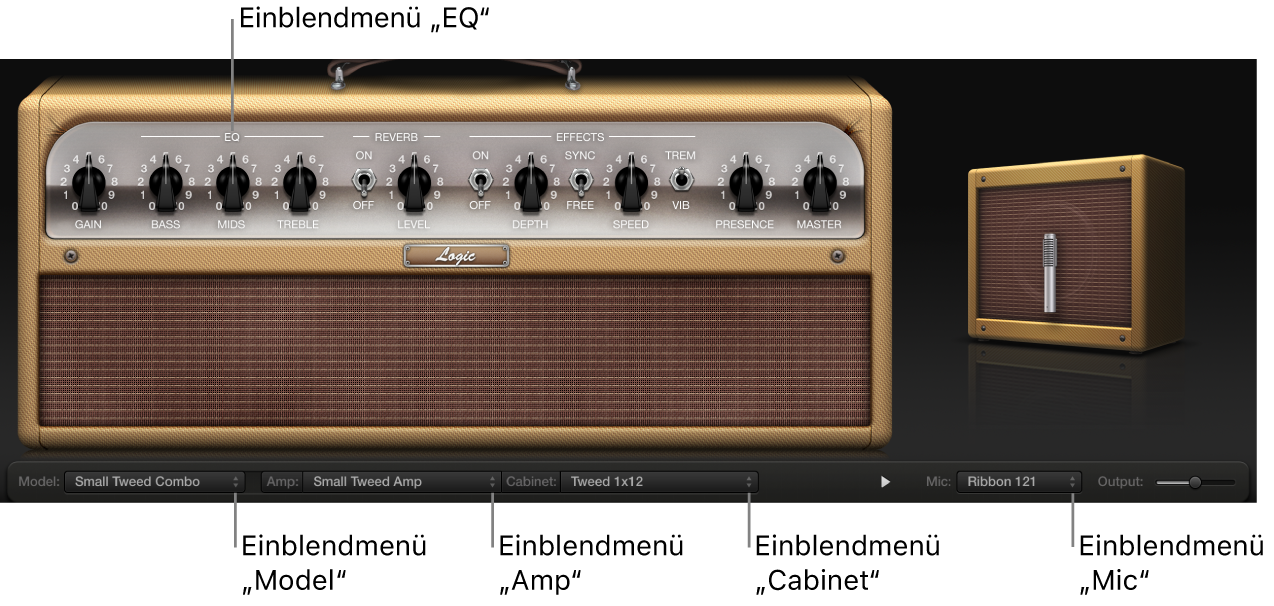 Abbildung. Amp Designer-Fenster mit Beschreibungen der Einblendmenüs