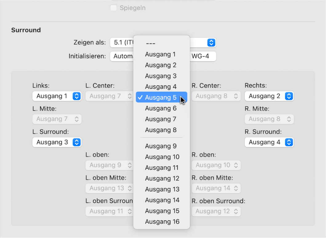 Abbildung. Einblendmenü „Ausgang“ in den Surround-Einstellungen