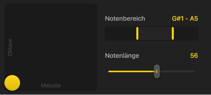 Abbildung. Das XY-Pad und weitere Noteneinstellungen für Synth Bass Player.