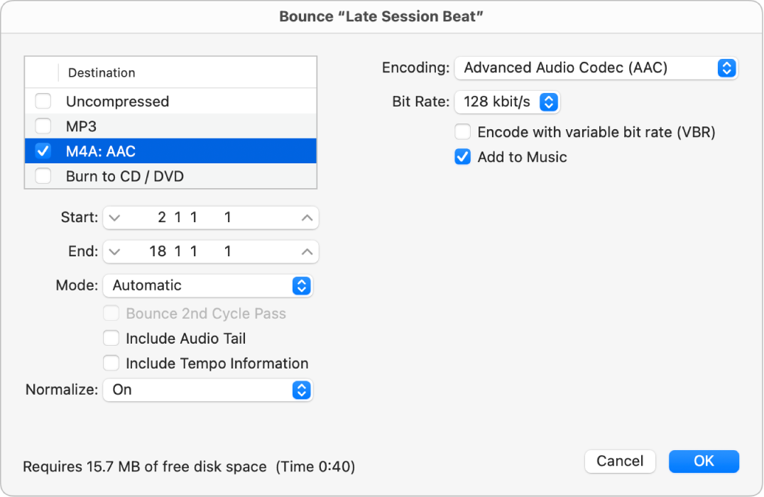 Figure. M4A: AAC file options in the Bounce dialog.