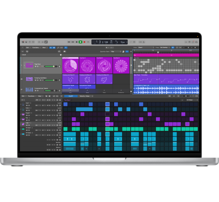 Logic Pro project shown on MacBook Pro screen.