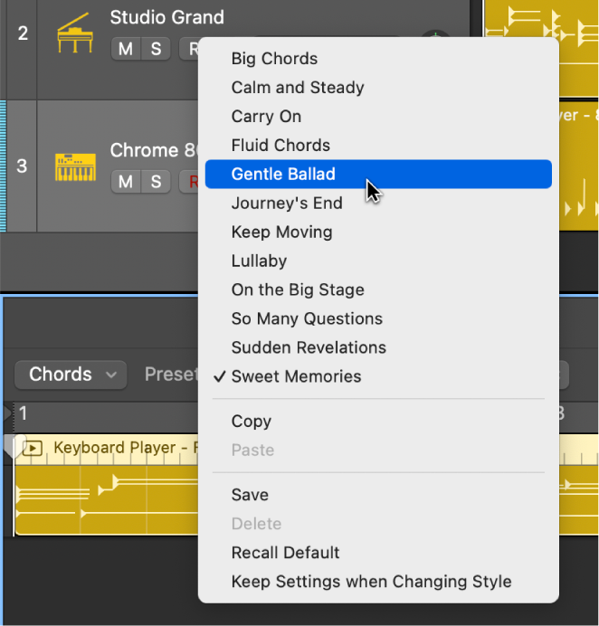 Figure. The Presets pop-up menu in the Session Player Editor.