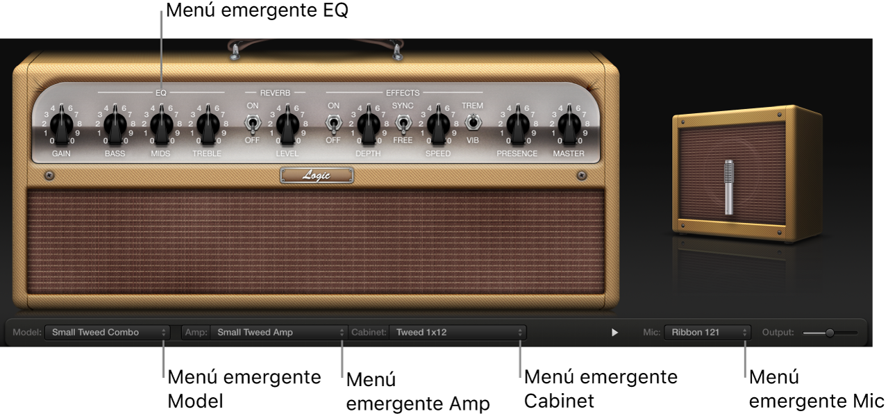 Ilustración. Ventana “Amp Designer” con las descripciones de los menús desplegables.