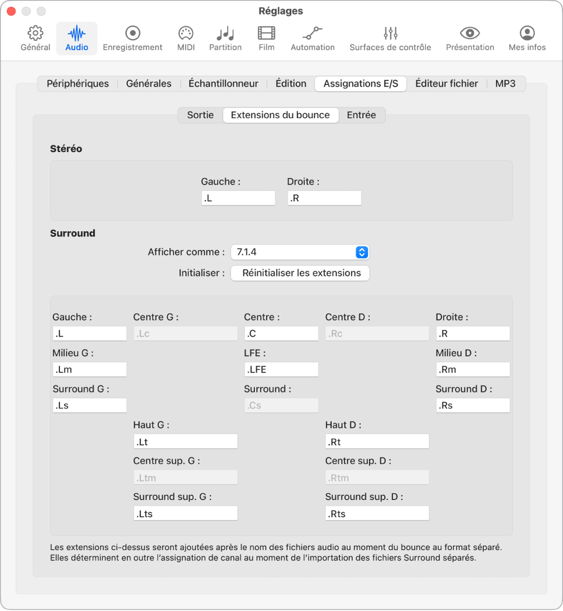 Figure. Réglages Extensions du bounce.