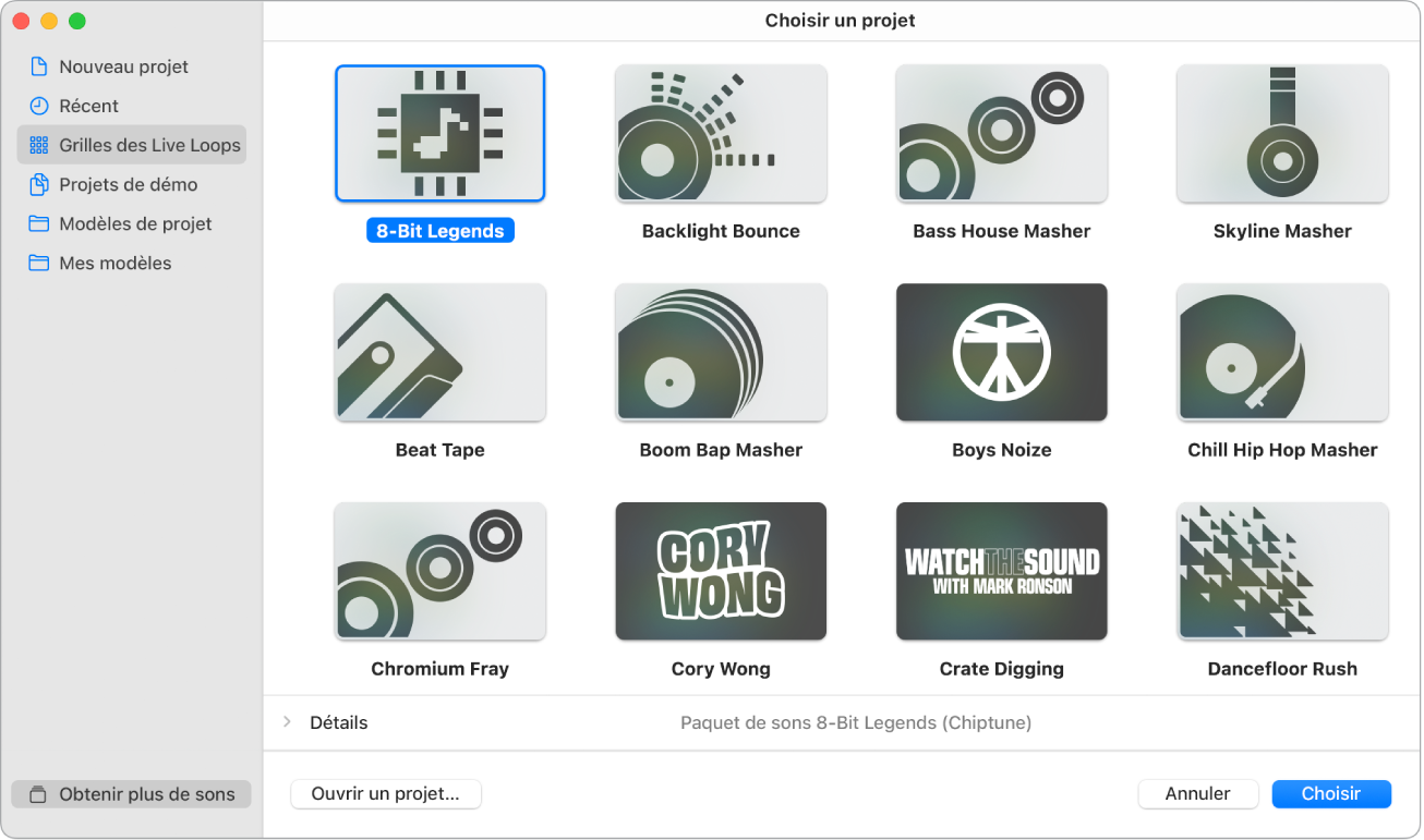 Figure. Sélecteur de projet affichant des grilles de Live Loops.