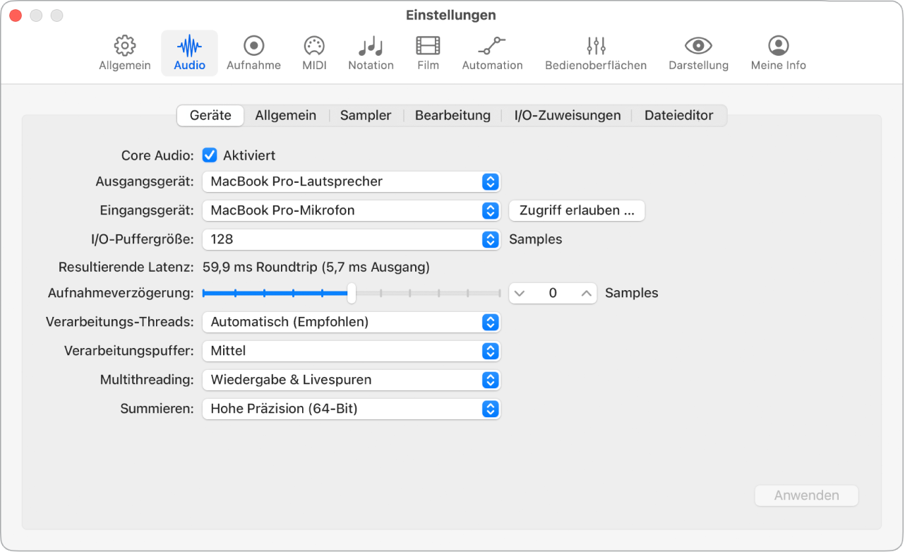 Abbildung. Einstellungsbereich „Audio“ > „Geräte“