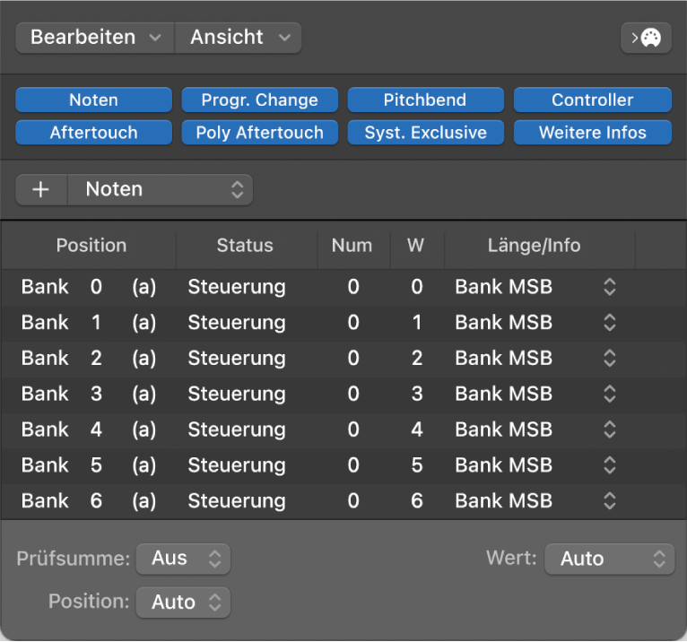 Abbildung. Fenster „Event-Liste“ mit Anzeige von eigenen Bank Select-Befehlen