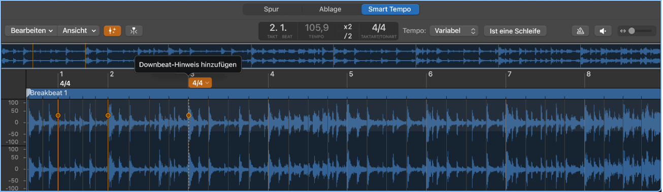Abbildung. Editor „Smart Tempo“ mit Audiodatei und Downbeat-Hinweisen
