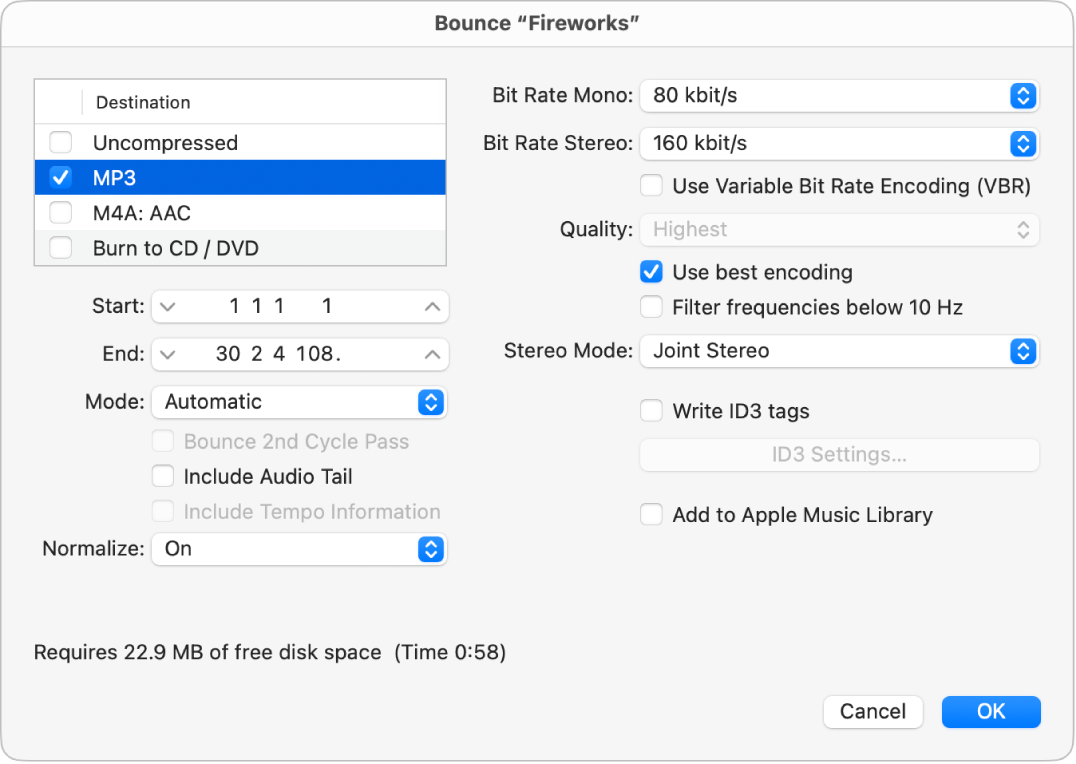 Figure. MP3 options in the Bounce dialog.
